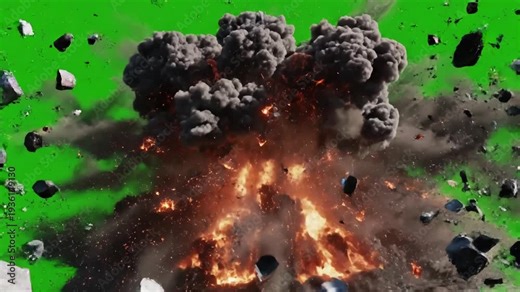 Green Screen bomb falling and explosion scene 1 with distortion, overlay, glitch, static noise, scan lines on black background, 4k animated video loop
