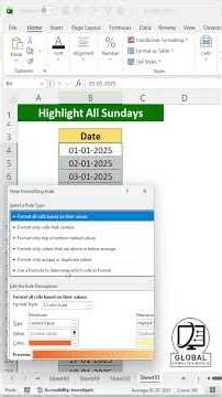 🟥 Highlight All Sundays Automatically in Excel⚡#excel #exceltips @GlobalComputerWorld