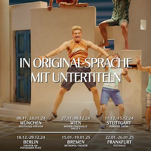 Tanze durch die Zeit mit "Mamma Mia! 🕺💃🏻 Dein Abend voller Glanz und Glamour mit "Mamma Mia!" - dem Musical, das die besten Songs von ABBA in einer mitreißenden Geschichte vereint. 🌟 Lass dich von Liebe, Lachen und unwiderstehlichen Rhythmen mitreißen. Sichere dir jetzt deine Tickets und tauche ein in eine Welt voller Musik, Leidenschaft und unvergesslicher Erinnerungen! 🎶 06.11. – 24.11.2024 | München, Deutsches Theater 27.11. – 08.12.2024 | Wien, Stadthalle F 11.12. – 15.12.2024 | Stuttga
