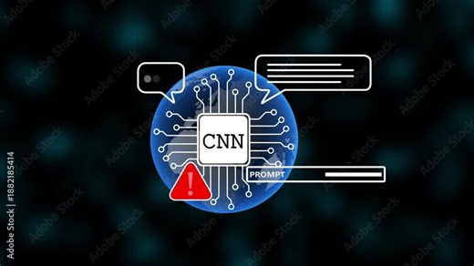 CNN Artificial Intelligence Neural Network Concept with Global Data Processing, Smart Alert System, Digital Communication Prompts and Futuristic Technology Interface on Dark Background.