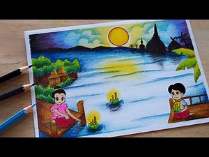 วาดรูปวันลอยกระทง /วาดรูป/วันลอยกระทง | How to draw Scenery / Drawing Loy Krathong day