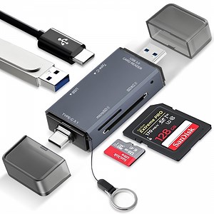 Atzeste 4-in-1 SD Card Reader, USB C & USB 3.0 Simultaneous Read/Write Memory Card Adapter for SD/Micro SD, SD Card Reader for iPhone 15/16, MacBook Pro, Laptop, PC