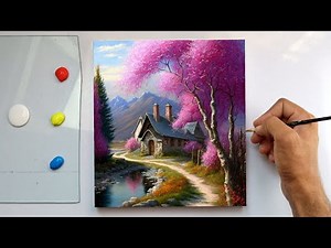 رسم منظر طبيعي بالاكريليك مع الشرح / لوحة اكريليك للمبتدئين