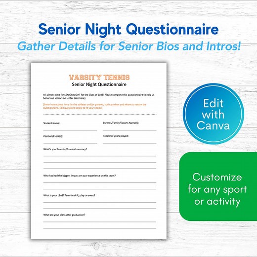 Senior Night Questionnaire | Senior Sports Night Bio Form | Canva Template for Senior Athletes - Etsy