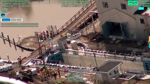 Aerial view of Cheboygan Dam and flooding in northern Michigan