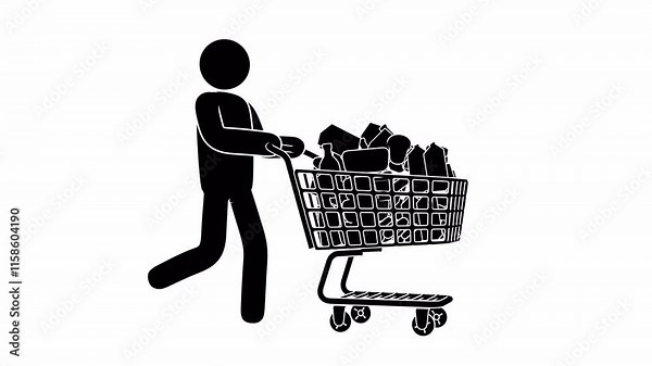 Stickman pushing a shopping cart filled with groceries. Pictogram man with shopping cart loaded grocery items in everyday shopping. Looped animation with alpha channel.