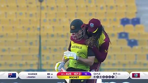 Chris Gayle signs off with the wicket of Mitchell Marsh and celebrates like only he can 😂 #T20WorldCup | #AUSvIND | ICC - International Cricket Council