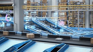 Static Footage with Automatic Conveyor Belt System with AI Capabilities Handling, Sorting and Preparing Parcels for Shipping. VFX Augmented Reality Animation Visualizing Internet of Things Concept