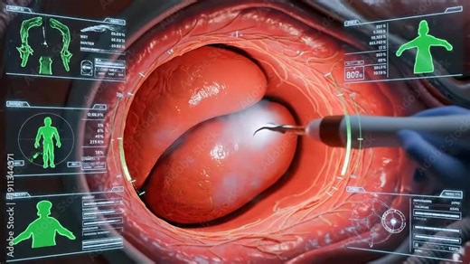 Minimally invasive heart valve repair view robotassisted endoscopic instrument cauterizing tissue inside cardiac chamber with visible vessels and aorta, holographic overlays display patient