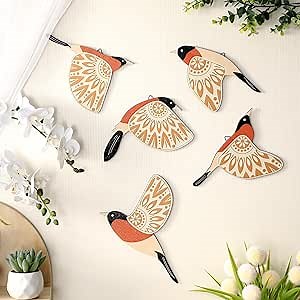 Barydat 5 Pcs Wooden Bird Wall Art Wood Flying Birds Wall Decor Rustic Folk Art Scandinavian Home Decor for Gift Living Room Bedroom Kitchen Office (Orange)