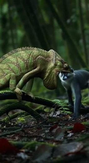 Flap-necked Chameleon vs Blue Monkey on the a vine-tangled rainforest floor with leafcutter trails