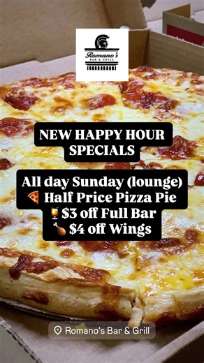 NEW HAPPY HOUR SPECIALS at Romano's! All day Sunday in the Lounge! Half Price Pizza Pies 🍕 $3 off Full Bar & Cocktails 🍸 $4 off Wings 🍗 #happyhour #romanosbarandgrill #glenburnie #maryland | Romano's Bar & Grill