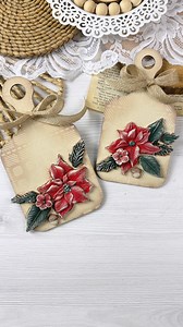 Make 2 similar Christmas gifts / ornaments at the same time in few steps with me and @stamperiainternational ❤️ ….. 1. Paint both cutting boards ivory. 2. Add texture using clear embossing powder. 3. Create a composition with air dry clay elements. 4. Paint elements with brown acrylic paint, then flowers red, leaves green. 5. Highlight everything with ivory paint using dry brush, remove excess of paint before applying. 6. Darken edges of cutting boards. 7. Add finishing touches 🤎 ….. Products l