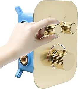 Brushed Gold 2-Way Thermostatic Shower Diverter Valve Kit - Solid Brass, Adjustable Flow, Temperature Control Mixer Valve - Perfect for Bathroom Renovation
