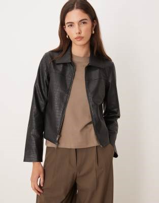 Abercrombie & Fitch croc pattern slim fit vegan leather jacket in black | ASOS