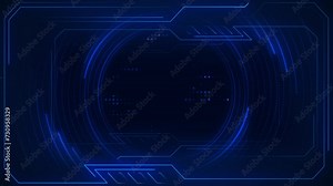 Futuristic technology background with blue glowing neon circles and blinking digital data lights with a neon tech border. Computer network server concept. Full HD and looping animation.