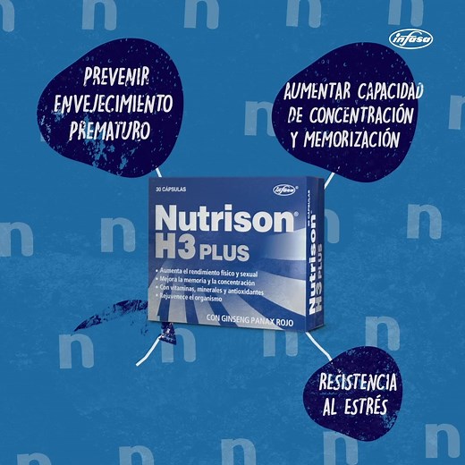 ¡Conoce todos los beneficios de Nutrison H3 Plus! Nutrison H3 PLUS es un suplemento vitalizador, bioestimulante a base de vitaminas. Potenciatiliza todas las funciones que intervienen en el rendimiento físico e intelectual. Toma 1 cápsula diaria y nota la diferencia. | Nutrison