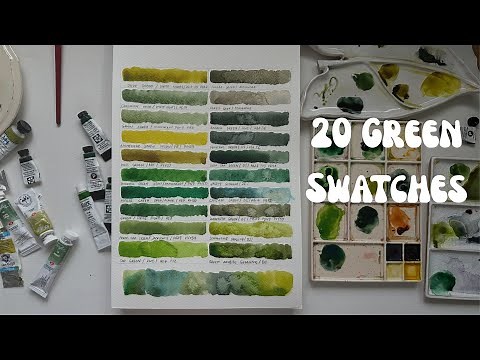 20 Green Watercolor Swatches including granulating colors by Daniel Smith and Schmincke