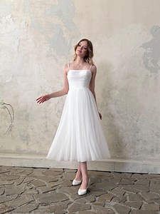 Ethereal Ivory Tulle Midi Wedding Dress With Draped Corset for Courthouse, Elopement, or Rehearsal - Etsy