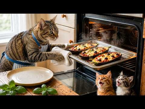 【ai猫 感動】灰猫と子猫がナスのチーズ焼き作りに腕を振るう