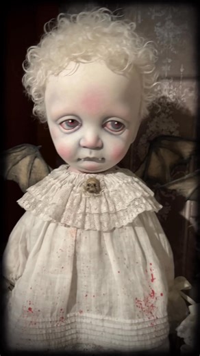 I've got some new dolls in the works on my table. Barnabas and Babette are set to go up for sale tomorrow. For now, they're chilling in my display cabinet. The oil paint on the pumpkin pillow isn't dry yet, so Barnabas will have to do without it, but I'll make sure to include his baby bottle. | Dark Alley Dolls