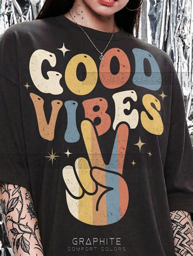 Good Vibes Peace Sign Groovy Retro Vintage 70S Style Comfort Colors® Tshirt, Positive Energy Distressed Typography Hippie Tees, - Etsy