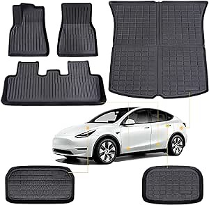 6PCS Full Sets for Tesla Model Y Floor mats 2024-2020 2023 2022 2021, All Weather 1st&2nd Seater Floor Mat and Front & Rear Trunk Mat, Waterproof Anti-Slip Heavy Duty Cargo Liner Mat, Car Accessories