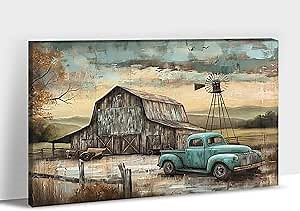 ANRUOXI Vintage Farmhouse Truck Wall Art, Rustic County Canvas Prints, Old Farm and Country Antique Pickup Truck Picture, Green Teal Style Floral Painting Wall Decor for Living Room 18" Hx24 W Inches