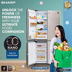 4-Door J-Tech Inverter Refrigerator Upgrade to Sharp Refrigerator and enjoy a healthier and more enjoyable food storage experience. Experience the benefits of our Plasmacluster Ion technology, which actively works to maintain the freshness of your food. With the Hybrid Cooling System, cold air is evenly distributed, preventing excessive dryness and preserving the quality of your food. Say goodbye to unwanted odors with the AG CU Nano Deodorizer feature, ensuring your refrigerator remains fresh a