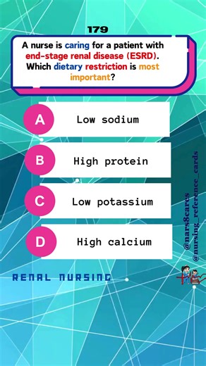 A nurse is caring for a patient with end-stage renal disease (ESRD). Which dietary restriction is most important? * * * #nurses #doctors #nursing #medical #nurseexam #NCLEX #nclexreview #nclexrn #registerednurse #medicaldoctor #medicine #nclexprep #nursingstudent #medicalstudent #RN #NMCCBT #fbreels #fypシ゚ @highlight @followers @everyone | Nursing Reference Cards