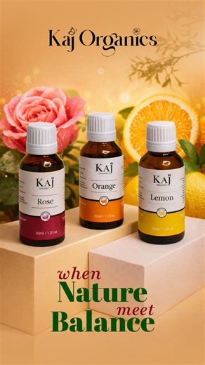 Kaj Organics | Aromatherapy | Sustainable on Instagram: "When Nature meets Balance 🌿⚖️ pure care begins. Experience the power of KAJ Organics Essential Oils, thoughtfully crafted to bring harmony to your mind, body, and soul. 🌹 Rose Essential Oil (30ml / 1.01 oz) Known for its calming and emotionally balancing properties. Helps relax the mind, soothe the senses, and support healthy, glowing skin. 🍊 Orange Essential Oil (30ml / 1.01 oz) Fresh, uplifting, and mood-boosting. Perfect for reducing