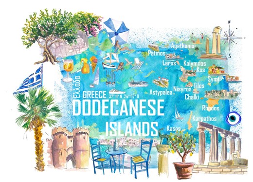 Dodecanese Islands Greece Illustrated Travel Map – Rhodes, Kos, Patmos, Symi & Karpathos Iconic Highlights - Etsy