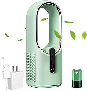 Bladeless Desk Fan, 11.8 Inch Portable Small Fan Quiet Table Fan Rechargeable Portable Fan, with 3 Wind Speeds for Bedroom, Kithchen,Home, Office, Outdoor (Green)