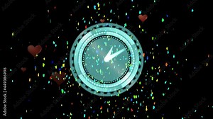 Digital animation of confetti falling over neon digital clock ticking and red heart icons falling