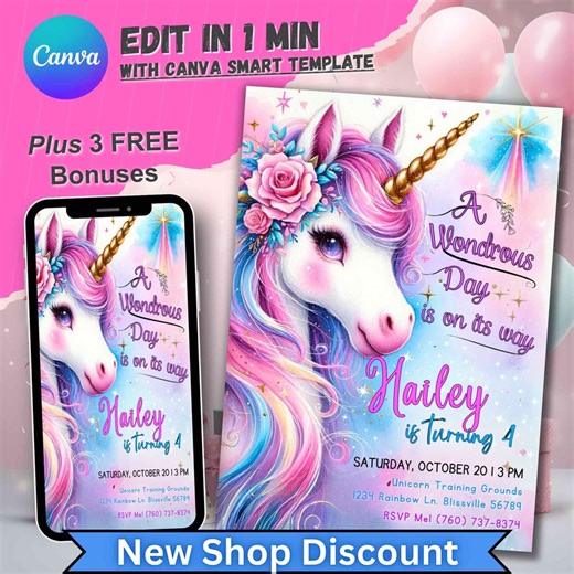 Unicorn Birthday Invitation, Unicorne Invite for Girls, Rainbowunicorn Party, Editable Unicorns Bday Invitate, Girl Unicorninvitation Parti - Etsy