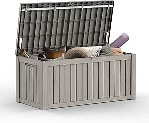 Mars Villa Outdoor Storage Box, 119 Gallon Waterproof Deck Box, Large Outside Storage Bin for Patio Furniture Cushions, Pool Supplies, Garden Tools, Weatherproof, Grey