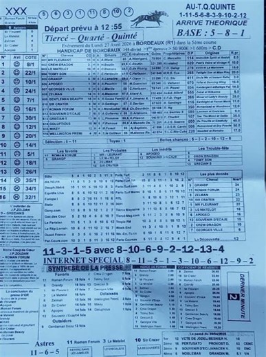 ##programme Quinté + Lundi 27 Avril 2026 à BORDEAUX R1 1600m