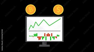 Trading cryptocurrency and dollar concept. bitcoin and dollar coin price chart on computer. stock market and forex trading. 2d animated video 4k size without background.mov
