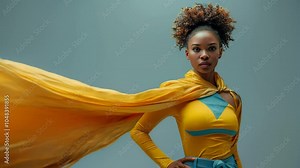 African-American young woman dressed in superhero costume with flowing yellow cape on grey background, looking at the camera, copyspace,, concept of fashion design, creative industry.