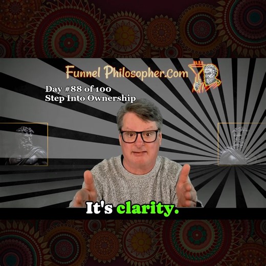 🎥 DAY 88 – Step Into Ownership Every new level requires a new level of ownership. As long as responsibility is partial, progress stays slow. Today’s focus is simple but powerful: identify one area you’ve been avoiding and take full ownership of it. When ownership rises, confusion disappears and action becomes clear. Join me inside ThePhilosophersWay.com as we continue shaping the year ahead. Hashtags #FunnelPhilosopher #Ownership #PersonalGrowth #MindsetWork #LeadershipDevelopment #100DayNewYou