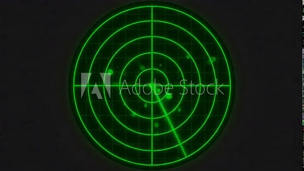 A green circular radar screen with a sweep line and several green blips indicating objects