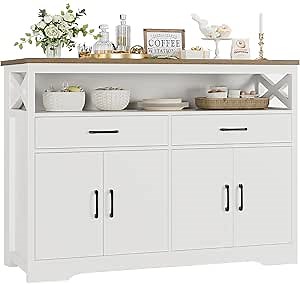 HOSTACK 47" Modern Farmhouse Sideboard Buffet Cabinet, Wood Buffet Storage Cabinet with Drawers & Shelves, Large Coffee Bar with Storage, Microwave Stand for Kitchen, Living Room, White Brown