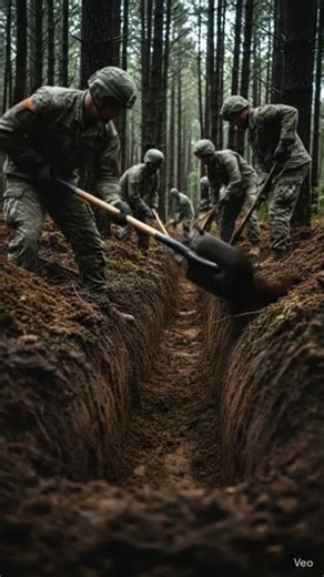 Military Training Exercise: Soldiers Digging Trenches in Dense Forest