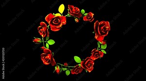 Red Roses Frame On Black Text Space.3DCG rendering animation that can loop.