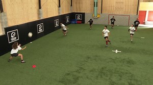 Use the counterattack options from a kicked ball. COACHING POINTS: • The urgency of the support players to the ball carrier is vital. • Attackers must have depth on the ball. • Communication and selecting the correct options is a key to the attack. VARIATIONS / PROGRESSION: • Vary the type of kick using line kicks or grubber kicks. • The player at position B becomes the opposition and stands in the tackle for as • Two groups together. The support group can leave the try-line as soon as the kick 