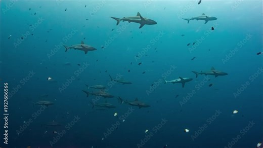 Large numbers of Grey Reef Sharks swim in open water of Palau's shark sanctuary