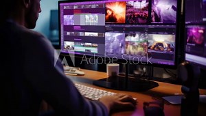 Video editor works late at night in an office, using advanced software for color grading and correction on a computer