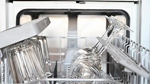Housewife using dishwasher for cleaning glasses. House chores concept.