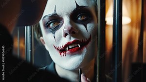 A terrifying video of a scary clown with sharp teeth, sharp eyes and a wide creepy smile, locked in a cage.