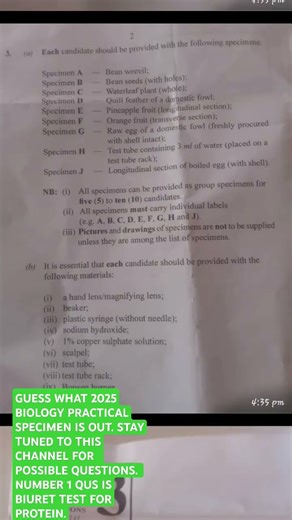 GUESS WHAT? 2025 BIOLOGY PRACTICAL SPECIMEN IS OUT. NUMBER 1QUS IS BIURET TEST FOR PROTEIN.STAY TUNE
